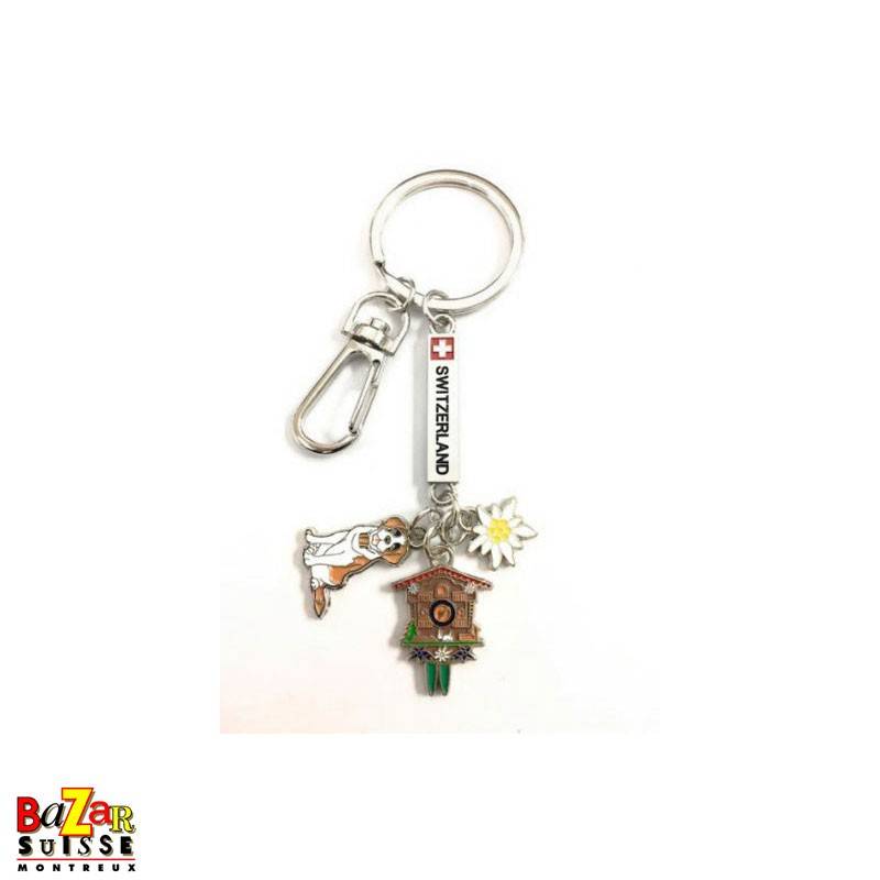 “Switzerland” plate key ring with st-bernard/clock/edelweiss pendants