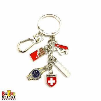 keychain chain with chocolate/watch/knife/Swiss crest pendants